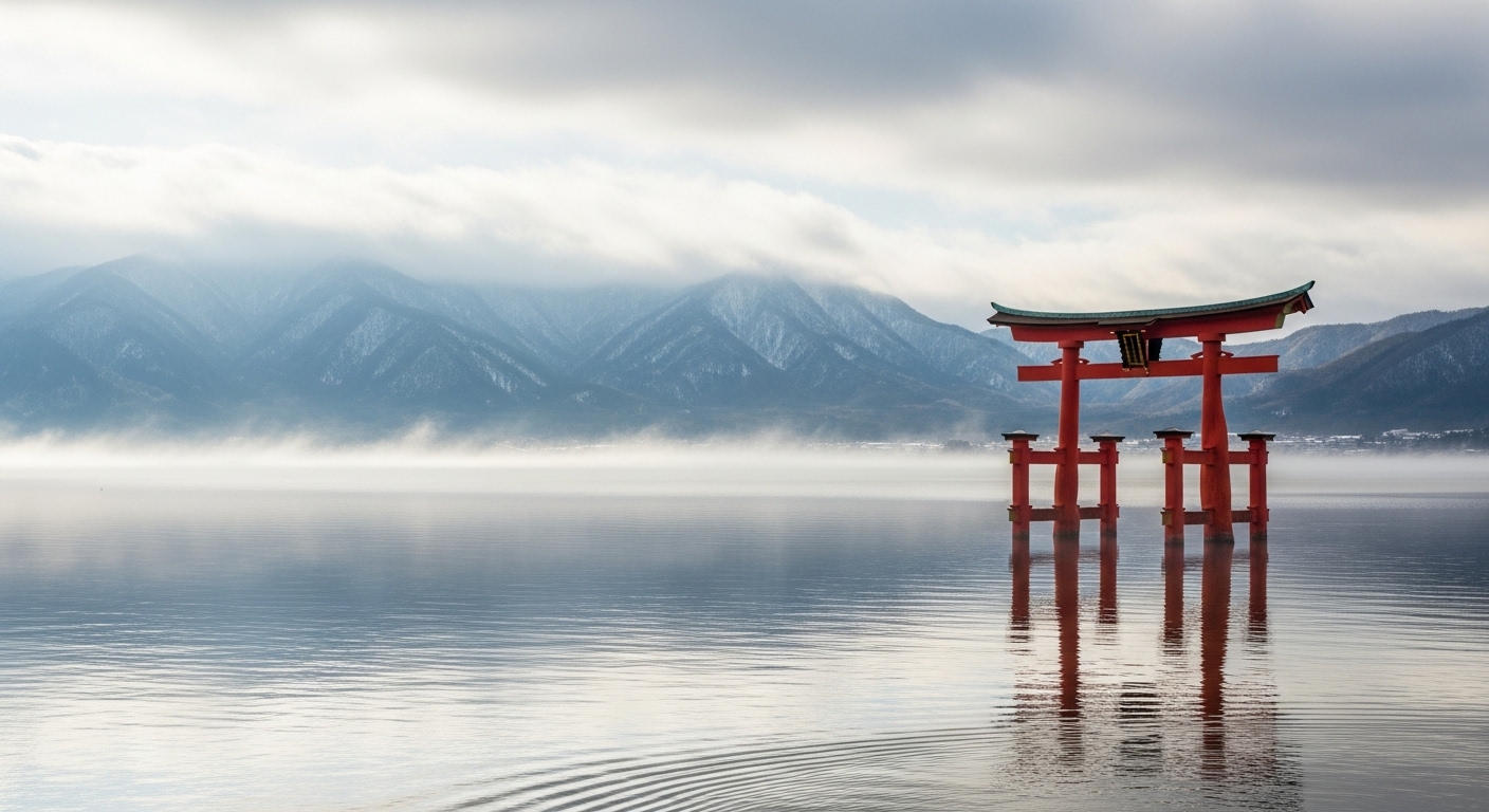 雪化粧をした山々と静かな琵琶湖。混雑を避けて楽しむ滋賀のオフシーズン旅行の幻想的な景色。