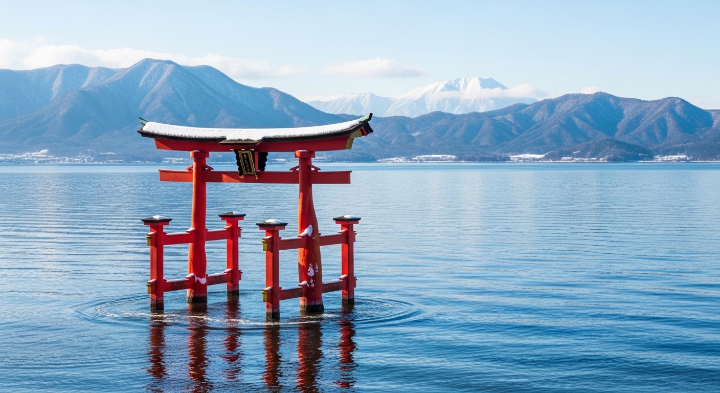 雪を頂いた比良山系と湖中に立つ朱色の鳥居が美しい、琵琶湖の冬景色の代表的な絶景。