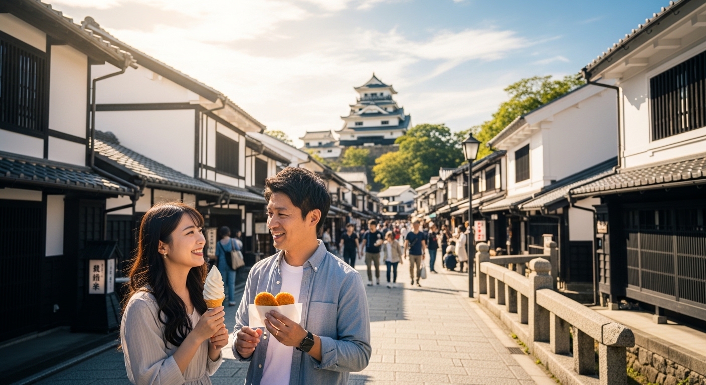 夢京橋キャッスルロードで近江牛グルメを楽しむ、彦根城下町の食べ歩きを象徴する風景。