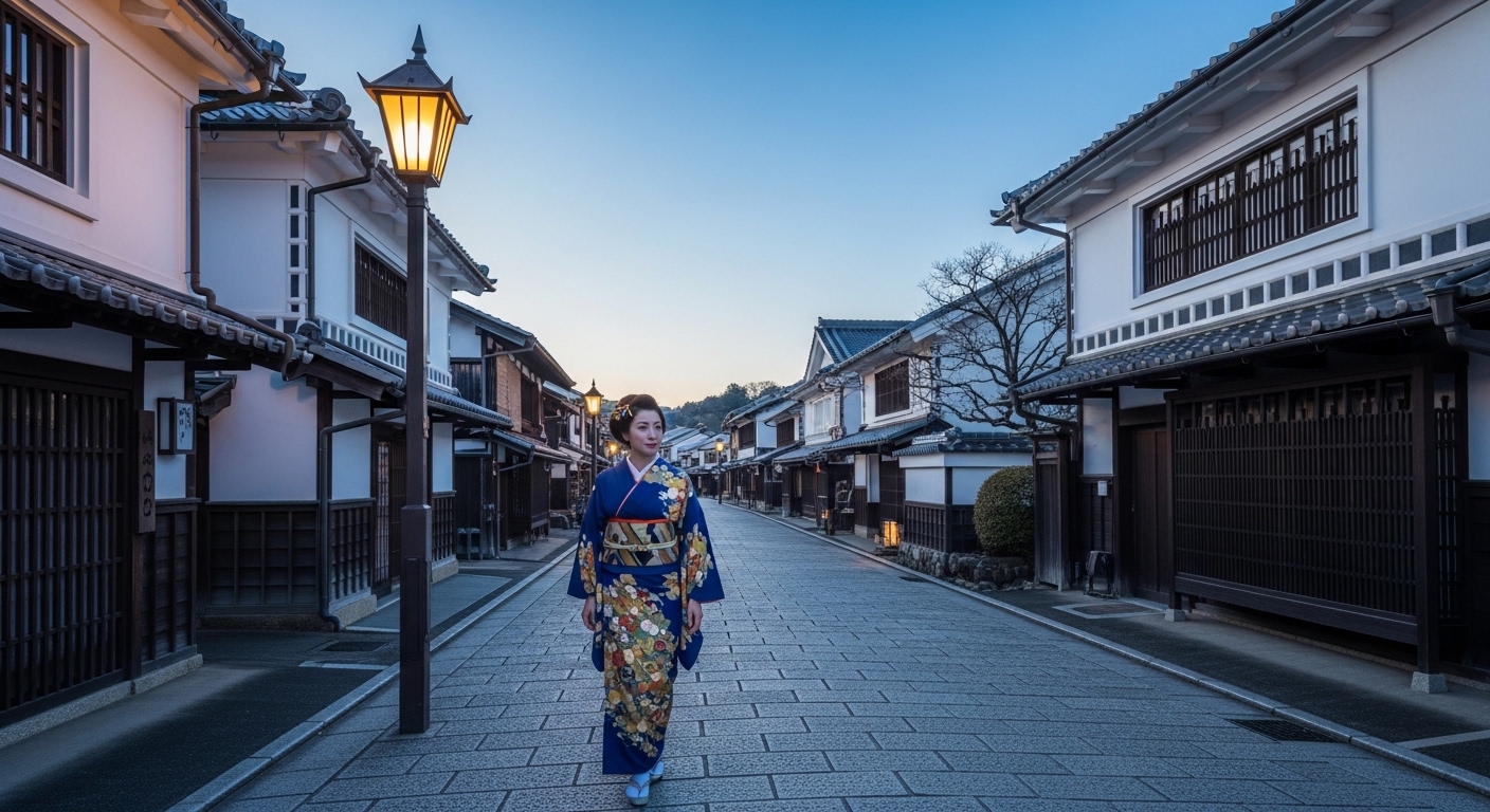 江戸時代の城下町を再現した、夢京橋キャッスルロードの見どころである情緒溢れる街並みと着物姿の女性。