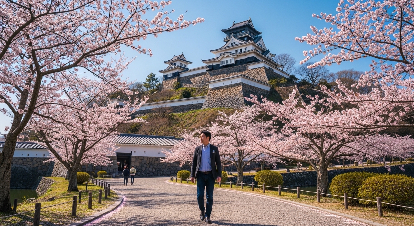 青空に映える国宝・彦根城と、石垣沿いの道を歩きながら彦根の歴史散策を楽しむ様子。