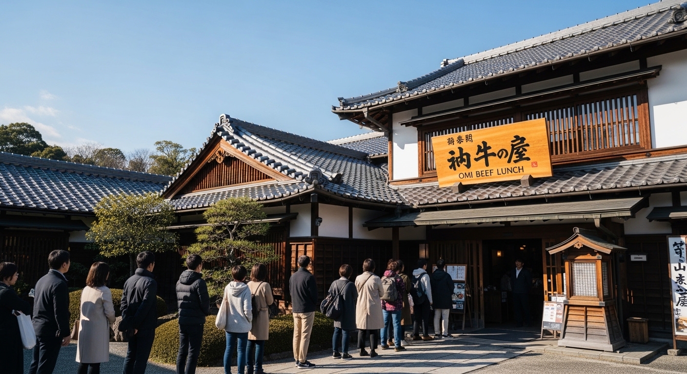 彦根城近くの城下町で、近江牛ランチを求めて賑わう彦根のランチ行列店の風景。
