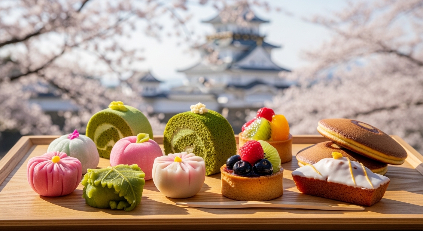 彦根城を背景にした、彦根のお土産スイーツとして人気の和菓子と洋菓子の詰め合わせ。