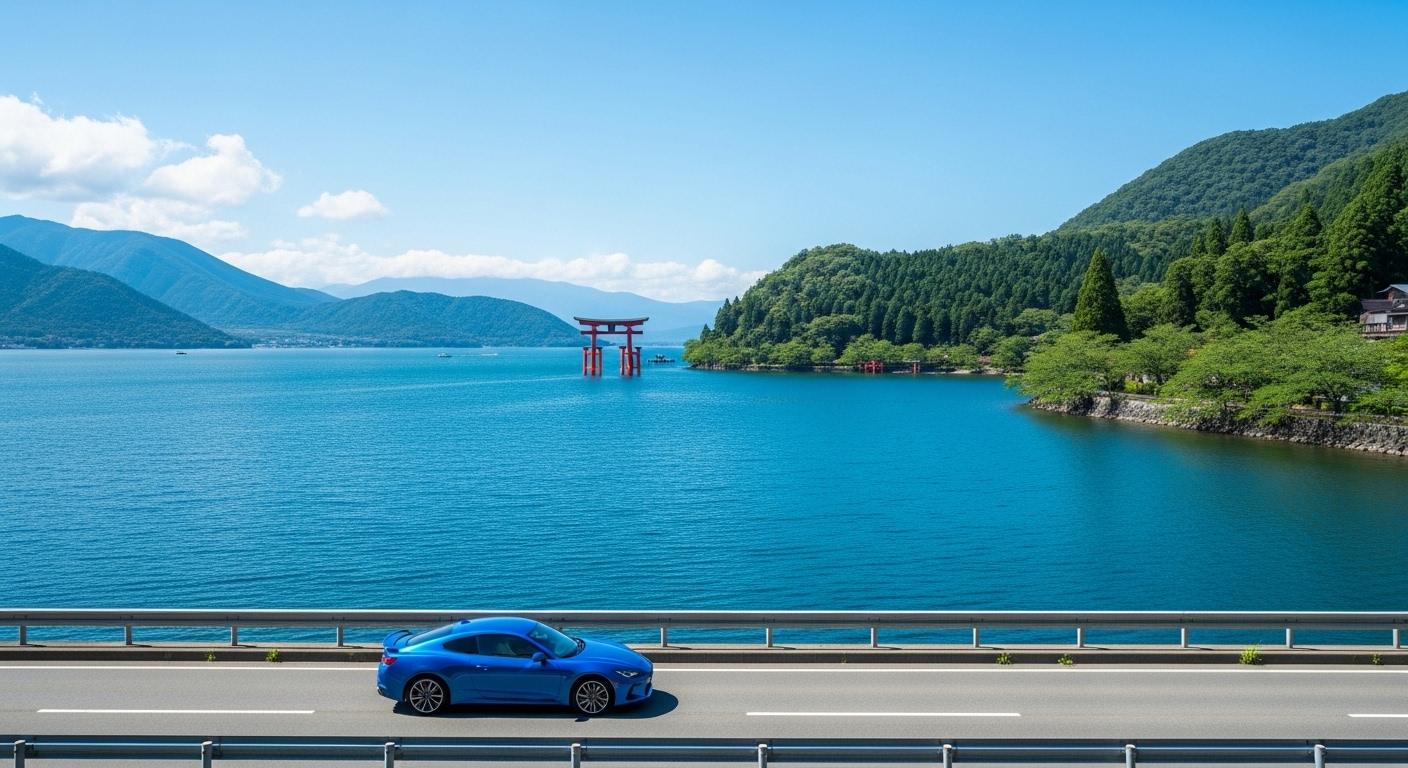 琵琶湖の青い湖面と白髭神社の鳥居が見える絶好の琵琶湖ドライブの立ち寄りスポット。