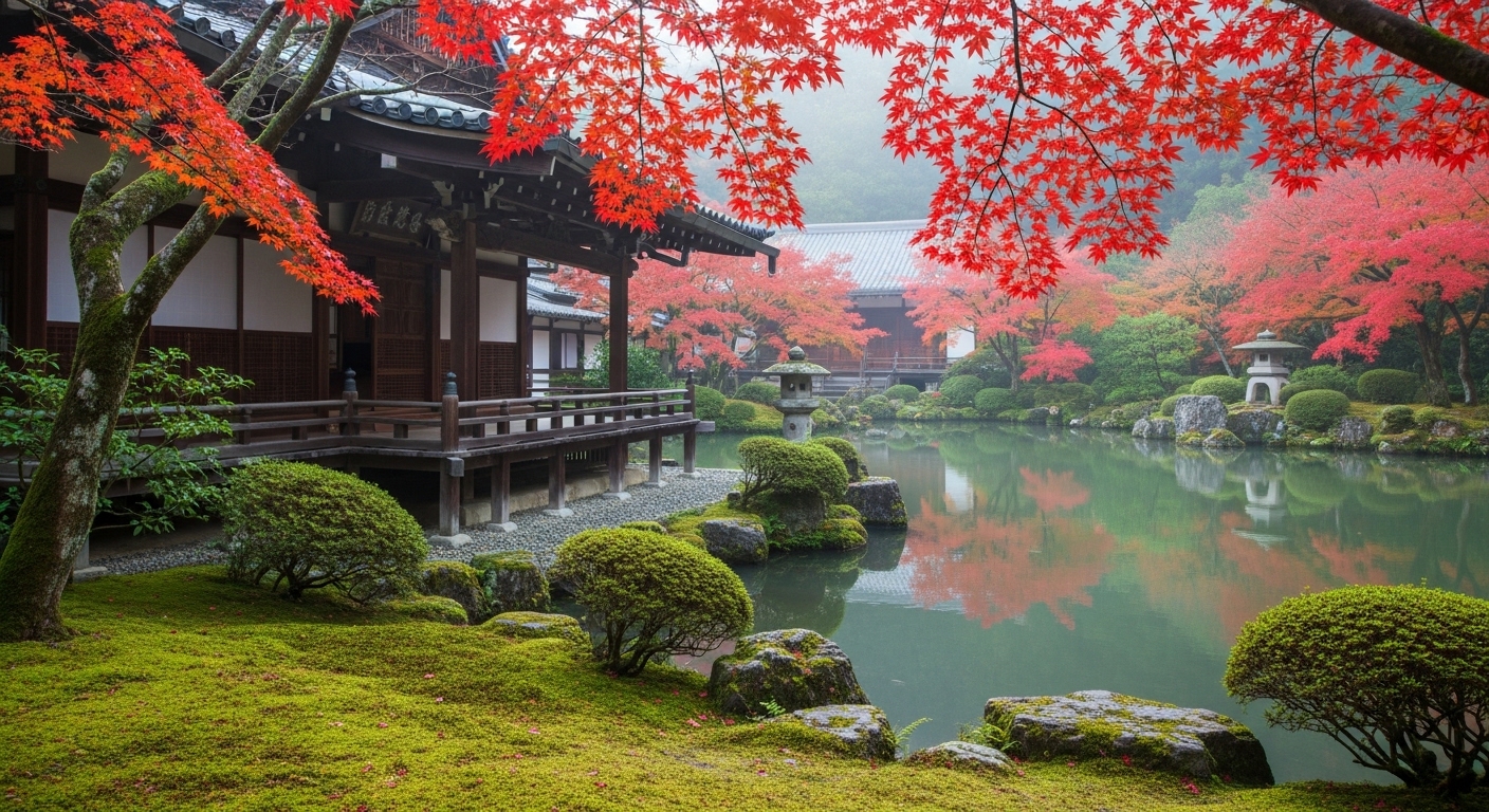 滋賀の癒しの寺院として知られる、美しい苔庭と紅葉に包まれた静かな境内。