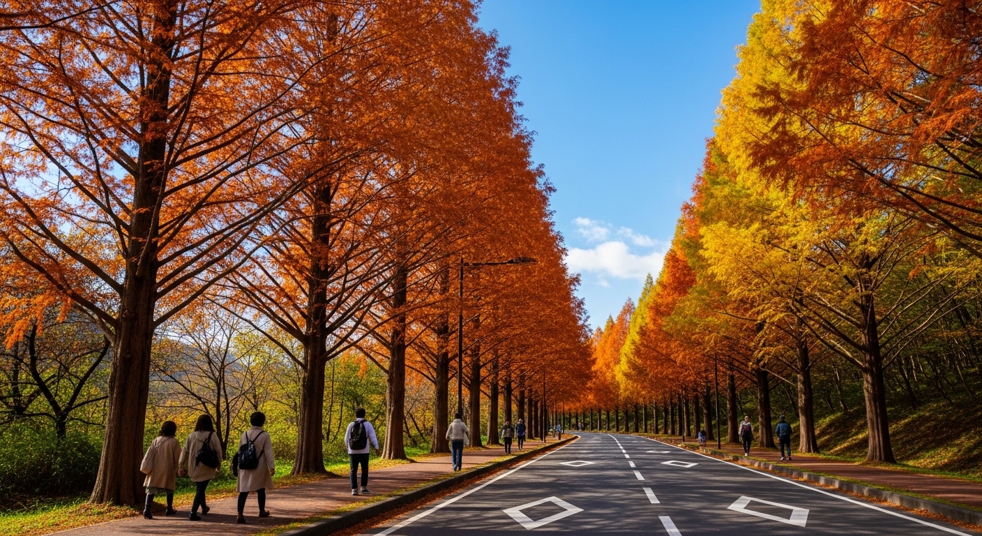 メタセコイア並木はがっかり？という噂を検証するための、秋に紅葉した美しい並木道の風景。