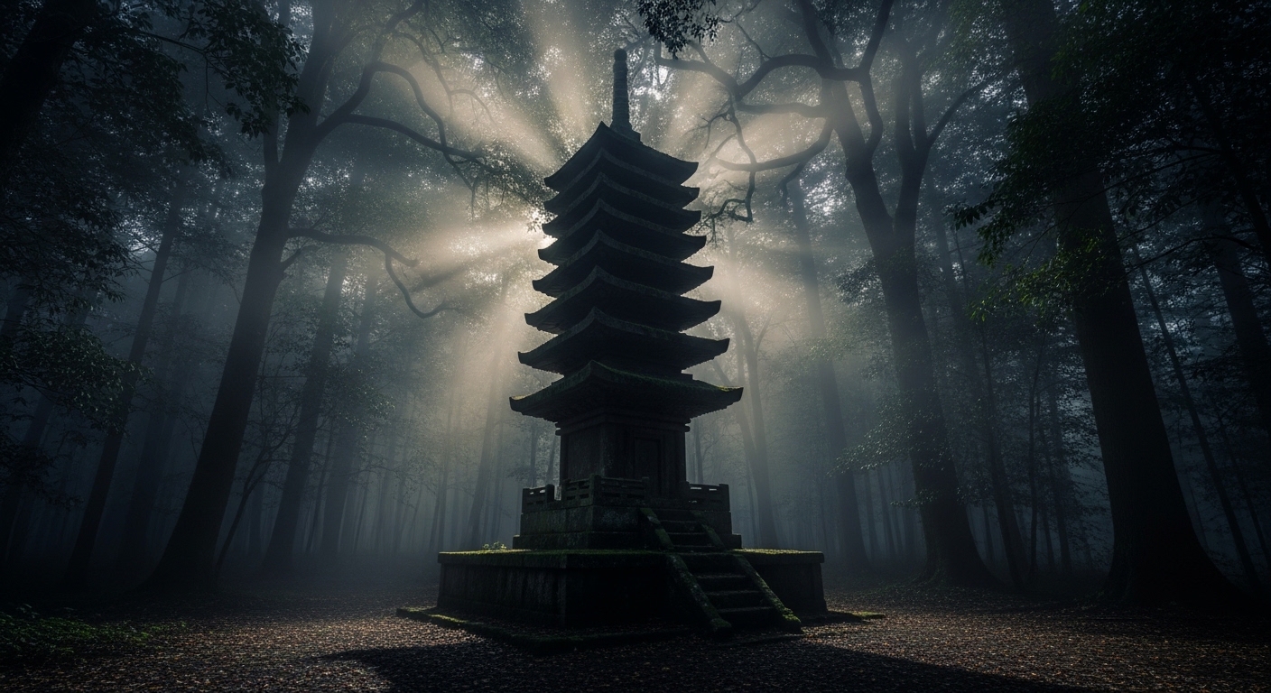 霧に包まれた森の中に佇む不気味な石塔、滋賀の心霊スポットランキング。
