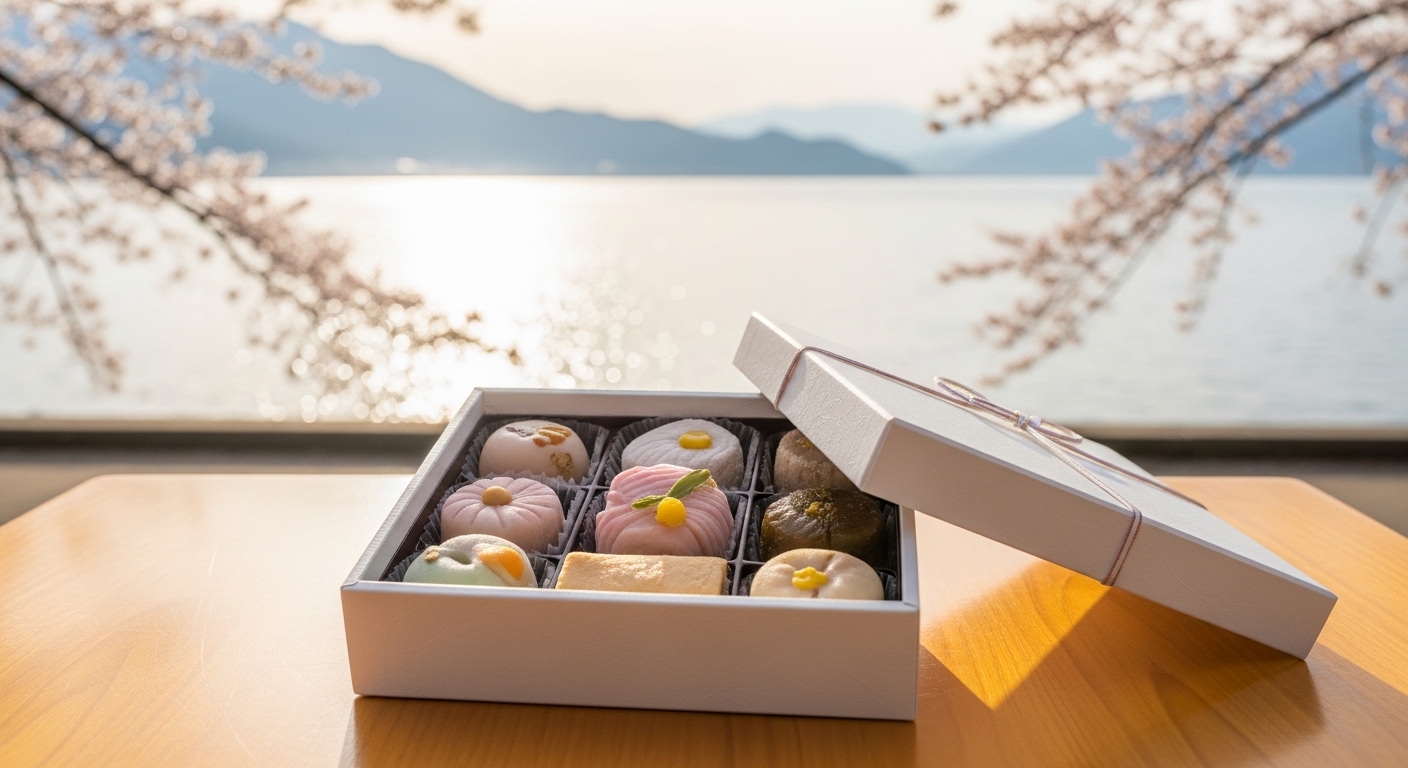 滋賀のホワイトデーお返しギフトとして喜ばれる、琵琶湖の風景を背景にしたおしゃれなスイーツギフト。