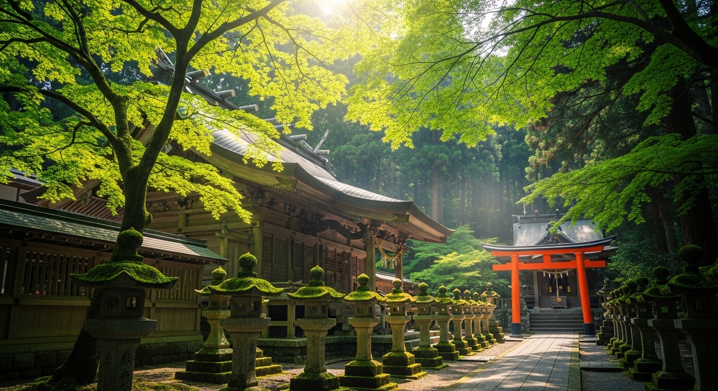 滋賀県愛荘町に位置する豊満神社の社殿と、木漏れ日が差し込む神聖な森の風景。