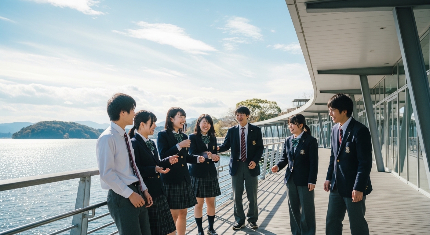 滋賀県の高校生向けの遊び場として人気の琵琶湖畔で談笑する制服姿の高校生たち。