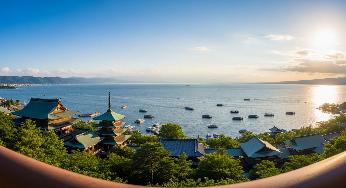 大津観光半日コースを象徴する、琵琶湖の絶景と比叡山の山並みを望む風景。
