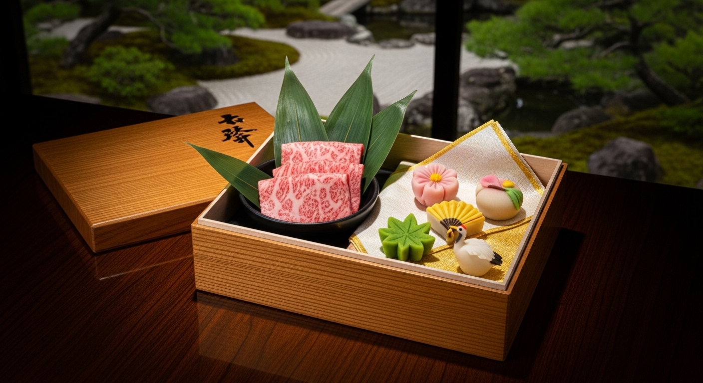 滋賀の高級手土産を象徴する、近江牛と伝統的な和菓子が美しく詰め合わされた高級ギフトボックス。