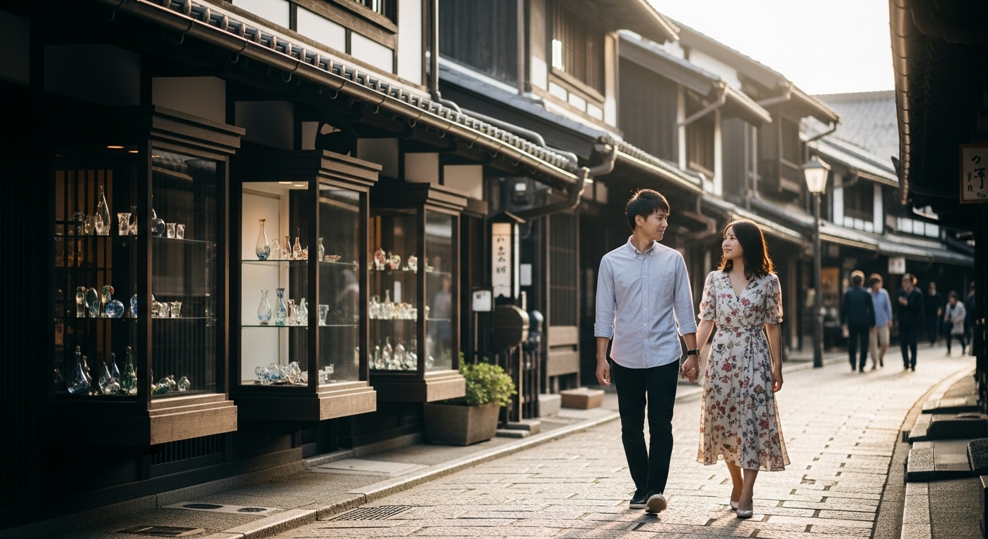 長浜のデートスポットとして人気の黒壁スクエアを仲良く歩く日本人のカップル。