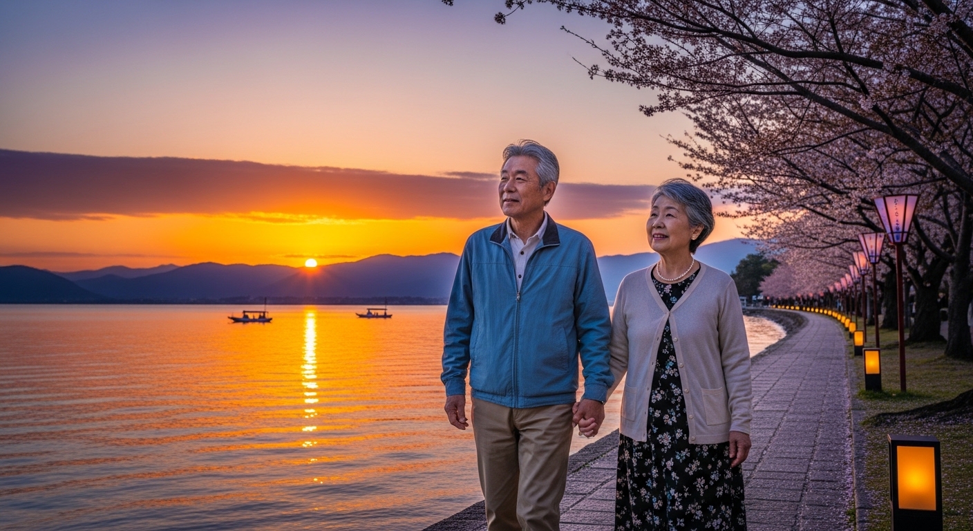 老後の滋賀県移住を象徴する、琵琶湖畔の散歩道で仲良く歩く日本人のシニア夫婦の風景。