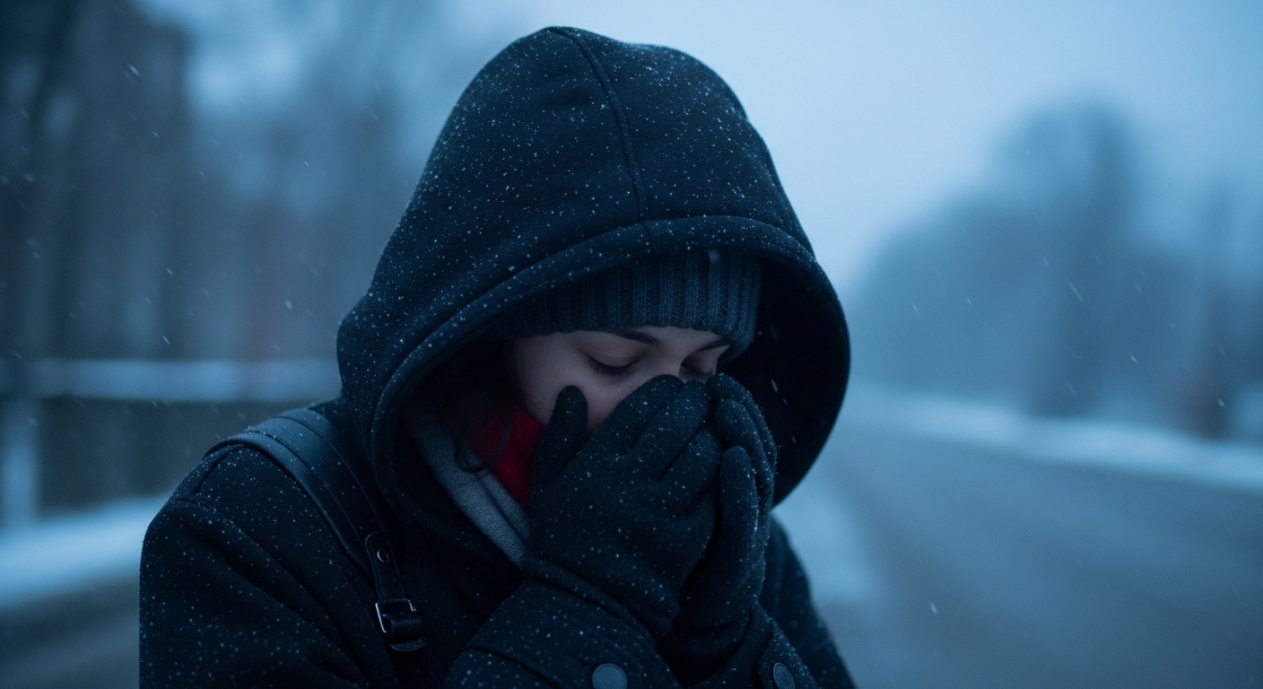 滋賀県移住の失敗例を象徴する、雪の降る長浜市でスマートフォンの地図を見ながら困惑する日本人の姿。