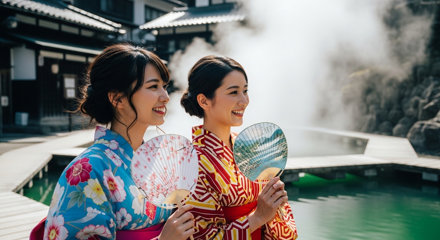 草津の女子旅を楽しむ、色鮮やかな浴衣を着て湯畑を眺める日本人の若い女性二人組。