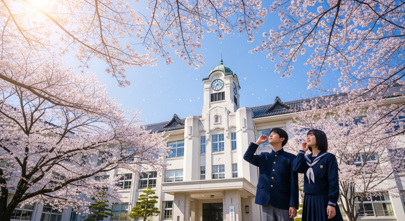 滋賀県のアニメ聖地として有名な豊郷小学校旧校舎群を訪れる日本人のファンと満開の桜。