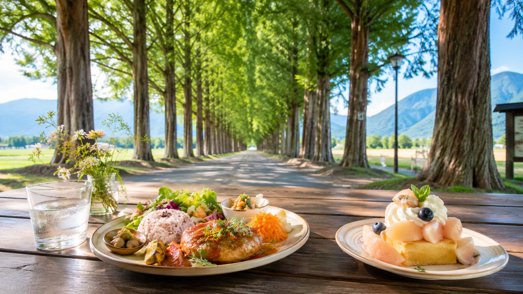 マキノピックランドのランチスポットを紹介する食堂とカフェの風景