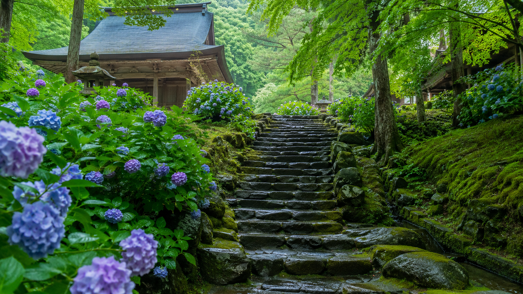 湖東三山のあじさいと青もみじが美しい初夏の寺院風景
