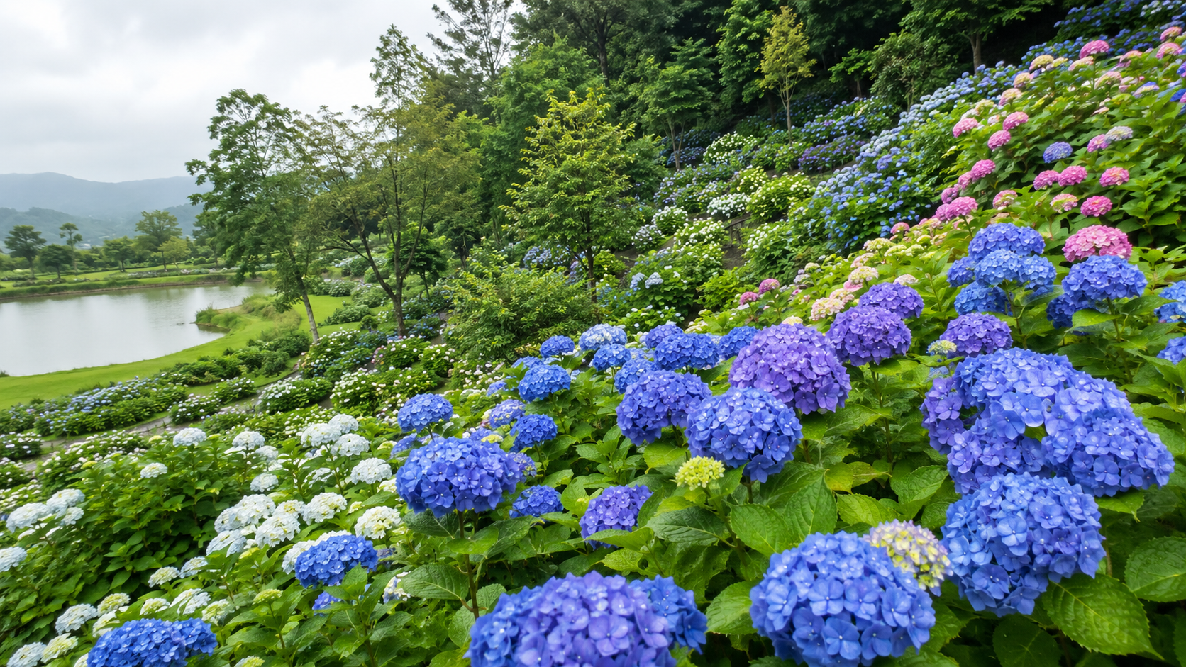 もりやま芦刈園で見頃を迎えた青と紫のあじさい